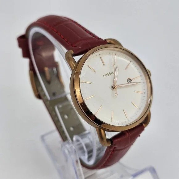 Fossil Women Watch 34MM Gold Dial Date New Red Leather Bands New Battery - Picture 3 of 16